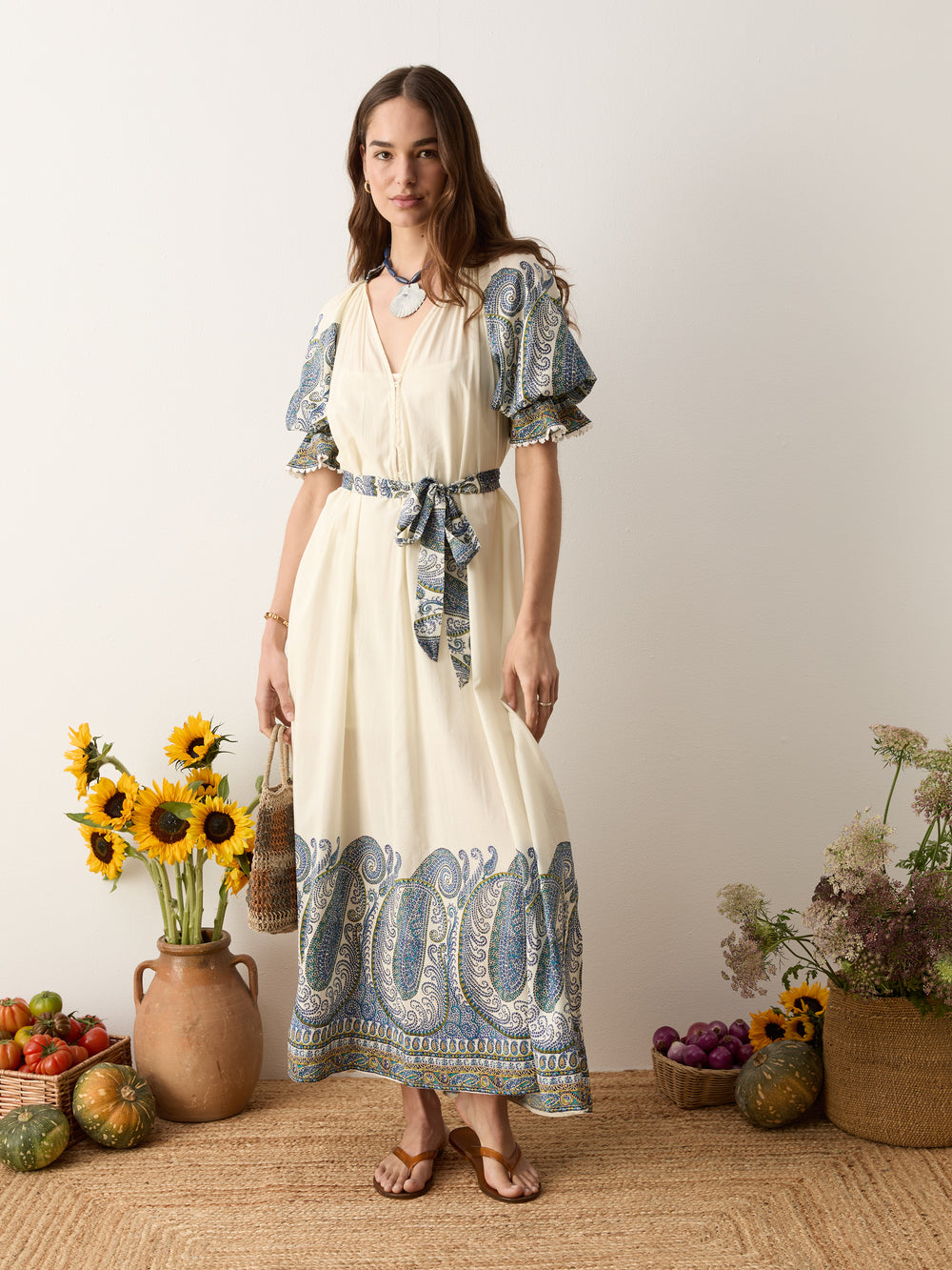 arcadia paisley puff sleeve maxi dress