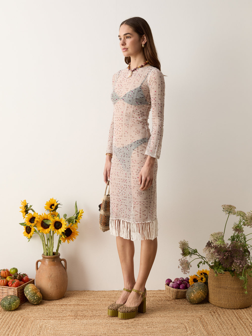 folkora long sleeve dress w fringe | Boteh